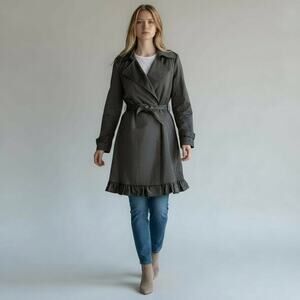 DKNY Long Belted Trench Coat Vintage NWT Women's Sz L Carbon Metal 90s Ruffles